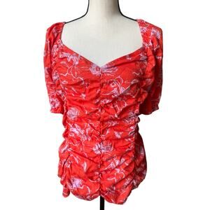 AVA & VIV Womens 3X Floral Puff Sleeve Smocked Tie Back Orange Cotton Top Blouse